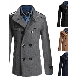 Men's Solid Casual / Work Trench coat,Polyester / Wool Blend Long Sleeve-Black / Blue / Brown / Gray