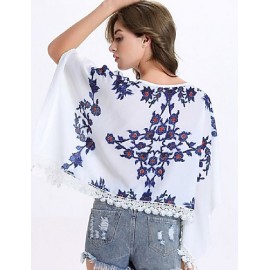 Women's Causal Loose Print Round Neck Lace Big Sleeve Blouse