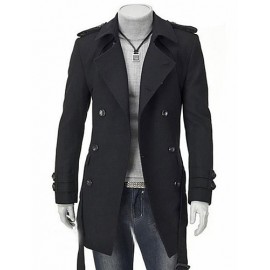 Men's Solid Casual / Work Trench coat,Polyester / Wool Blend Long Sleeve-Black / Gray