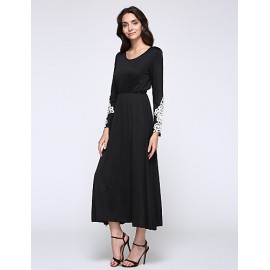 Women's Casual/Daily Simple Little Black / Swing Dress,Patchwork Round Neck Maxi Long Sleeve Black Polyester / Spandex Spring Mid Rise