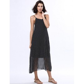 Women's Beach Boho Loose Dress,Polka Dot Strap Maxi Sleeveless Black Rayon Summer Low Rise Inelastic Opaque