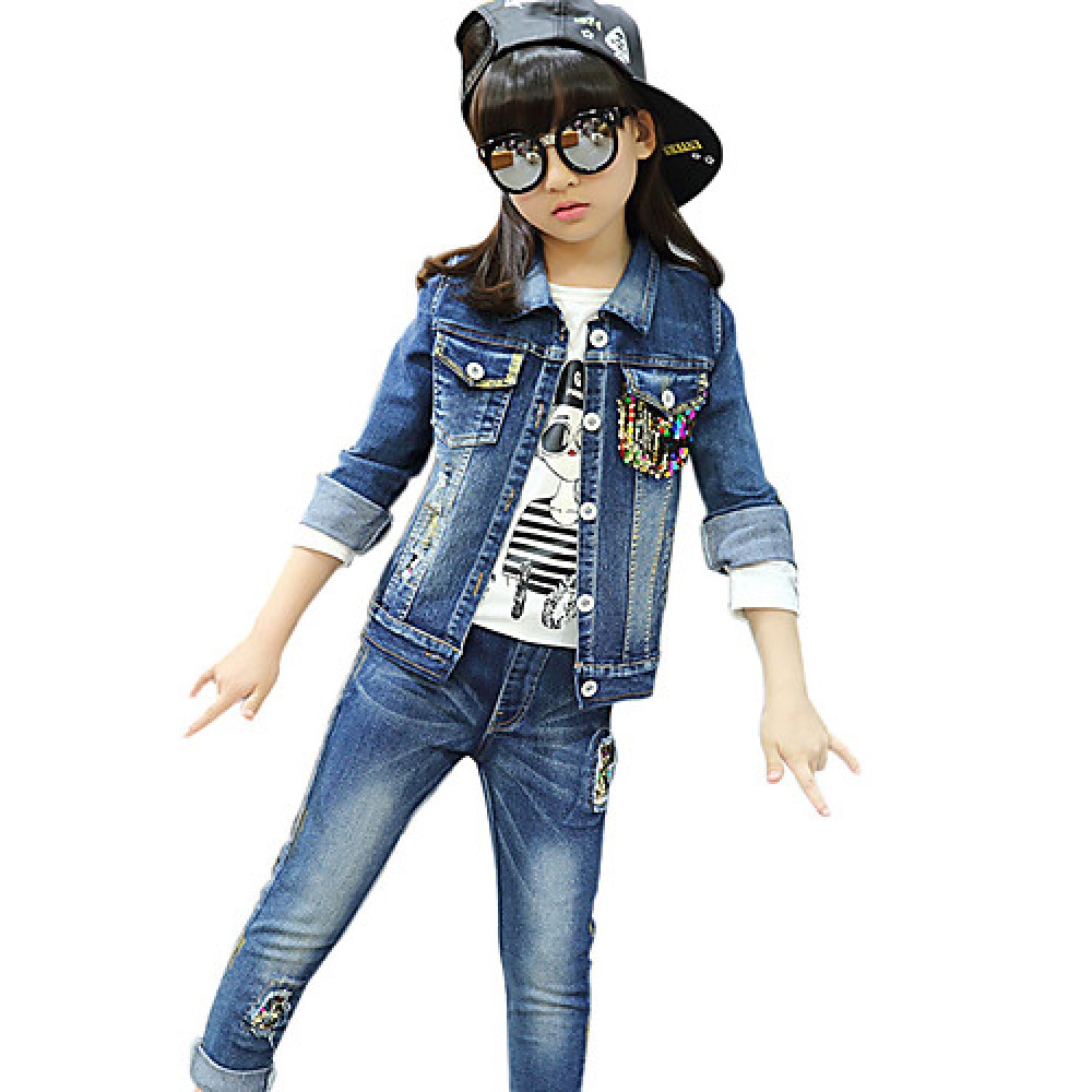 Girl's Cotton Spring/Autumn Casual Patchwork Paillette Cowboy Jacket Denim Coat And Jeans Pants Two-piece Set  