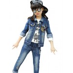 Girl's Cotton Spring/Autumn Casual Patchwork Paillette Cowboy Jacket Denim Coat And Jeans Pants Two-piece Set  