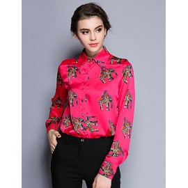 Women's Work Vintage Spring ShirtAnimal Print Shirt Collar Long Sleeve Red /