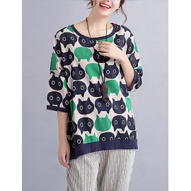 Women's Casual/Daily Cute / Street chic Spring / Fall T-shirt Print Round NeckSleeve Green Cotton / Linen Medium