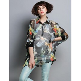 Boutique S Women's Going out Street chicBlouse,Animal Print Shirt Collar ? Length Sleeve Black Polyester Translucent