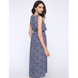 Women's Casual/Daily / Holiday / Plus Size Boho Chiffon / Swing Dress,Print Round Neck Midi Sleeveless Blue Polyester Summer High Rise