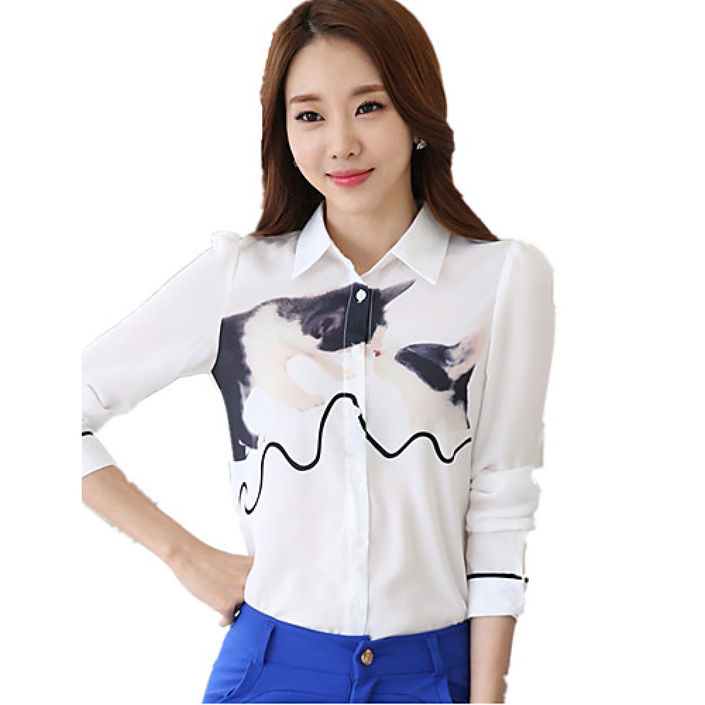 Women's Wild Cartoon Cat Print Plus Size Long Sleeve Chiffon Shirt