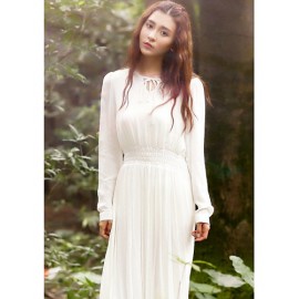 Women's Holiday / Casual/Daily Simple Loose / Swing Dress,Solid Round Neck Midi Long Sleeve White Cotton Spring / Fall Mid Rise