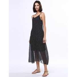 Women's Beach Boho Loose Dress,Polka Dot Strap Maxi Sleeveless Black Rayon Summer Low Rise Inelastic Opaque