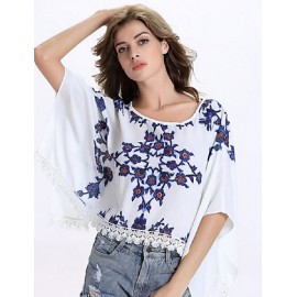 Women's Causal Loose Print Round Neck Lace Big Sleeve Blouse