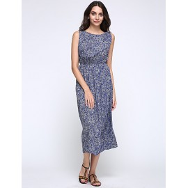 Women's Casual/Daily / Holiday / Plus Size Boho Chiffon / Swing Dress,Print Round Neck Midi Sleeveless Blue Polyester Summer High Rise