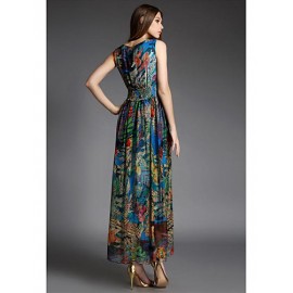 Going out Street chic Sheath Dress,Print V Neck Maxi Sleeveless Blue Silk Summer High Rise