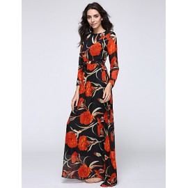 Women‘s Beach Trumpet/Mermaid Dress,Patchwork Stand Maxi Long Sleeve Orange Spandex Spring