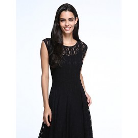 Women's Beach Lace / Skater Dress,Solid Round Neck Maxi Sleeveless Blue / Black Acrylic Spring