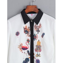 Women's Wild Commuter Contrast Color Stitching Print Long Sleeve Chiffon Shirt