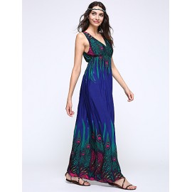 Women's Print Blue/Orange/Purple Dress,Maxi Deep V Sleeveless 