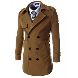 Men's Work Trench Coat,Solid Notch Lapel Long Sleeve Fall / Winter Black / Brown / Gray Wool / Cotton / Acrylic / Polyester Thick