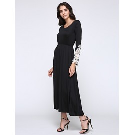 Women's Casual/Daily Simple Little Black / Swing Dress,Patchwork Round Neck Maxi Long Sleeve Black Polyester / Spandex Spring Mid Rise