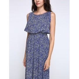 Women's Casual/Daily / Holiday / Plus Size Boho Chiffon / Swing Dress,Print Round Neck Midi Sleeveless Blue Polyester Summer High Rise