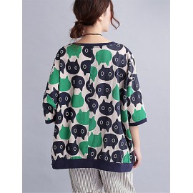 Women's Casual/Daily Cute / Street chic Spring / Fall T-shirt Print Round NeckSleeve Green Cotton / Linen Medium