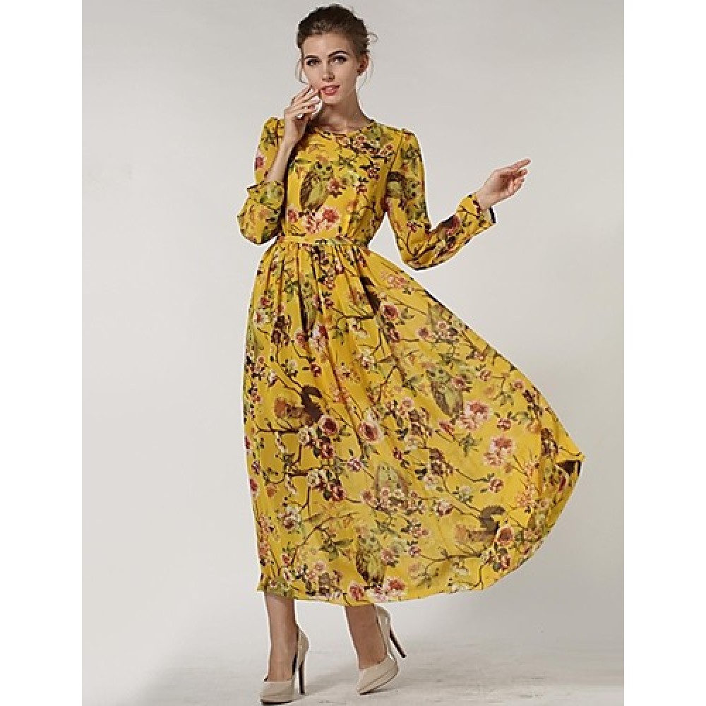 Women's Casual/Daily Swing Dress,Floral Crew Neck Maxi Long Sleeve Red / Yellow Polyester Spring