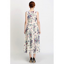 Women's Butterfly Print Beige Dress, Vintage/Print/Maxi U Neck Sleeveless Swing