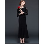 Women's Sexy Lace Halter Hollowing Round Neck Long Sleeve Party Cocktail Long Dress