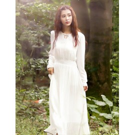 Women's Holiday / Casual/Daily Simple Loose / Swing Dress,Solid Round Neck Midi Long Sleeve White Cotton Spring / Fall Mid Rise