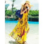 Beach Swing Dress,Print Maxi Sleeveless Yellow Summer Inelastic Thin