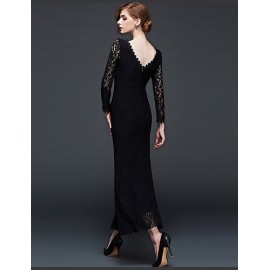 Women's Sexy Lace Halter Hollowing Round Neck Long Sleeve Party Cocktail Long Dress