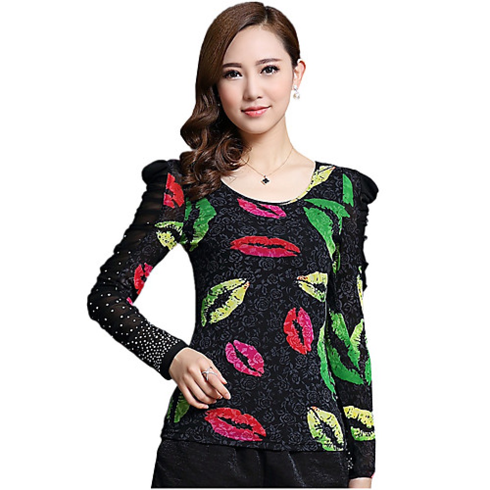 Spring/Fall Casual/Daily/Plus Size Women's Tops Round Neck Long Sleeve Fashion Printing Rhinestone Slim Blouse Shirt