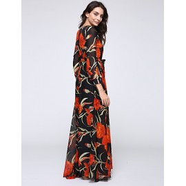 Women‘s Beach Trumpet/Mermaid Dress,Patchwork Stand Maxi Long Sleeve Orange Spandex Spring