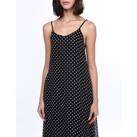 Women's Beach Boho Loose Dress,Polka Dot Strap Maxi Sleeveless Black Rayon Summer Low Rise Inelastic Opaque