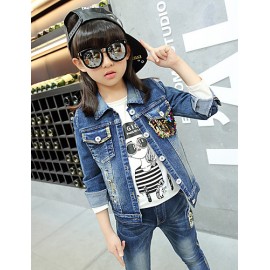 Girl's Cotton Spring/Autumn Casual Patchwork Paillette Cowboy Jacket Denim Coat And Jeans Pants Two-piece Set  