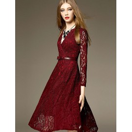 Women's Party/Cocktail Sexy Sheath Dress,Patchwork V Neck Maxi Long Sleeve Red Cotton Summer