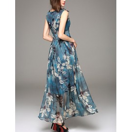 Going out Simple Sheath Dress,Print V Neck Maxi Sleeveless Blue / Red Polyester Summer Mid Rise