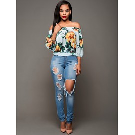 Women's Sexy Simple Boat Neck Off Shoulder Floral Print Summer Blouse