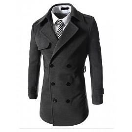 Men's Work Trench Coat,Solid Notch Lapel Long Sleeve Fall / Winter Black / Brown / Gray Wool / Cotton / Acrylic / Polyester Thick