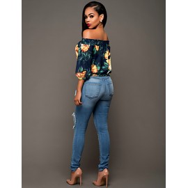 Women's Sexy Simple Boat Neck Off Shoulder Floral Print Summer Blouse