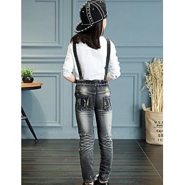 Girl's Cotton Spring/Autumn Fashion Print Jeans Pants Suspender Trousers Patchwork Solid Color Overalls  