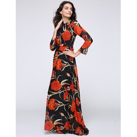 Women‘s Beach Trumpet/Mermaid Dress,Patchwork Stand Maxi Long Sleeve Orange Spandex Spring