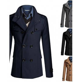 Men's Solid Casual / Work Trench coat,Polyester / Wool Blend Long Sleeve-Black / Blue / Brown / Gray