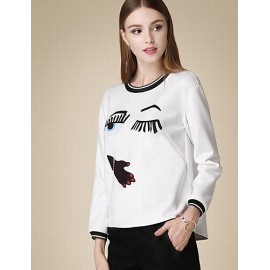 Women's Casual/Daily Cute Fall T-shirtPrint Round Neck Long Sleeve White Cotton Medium