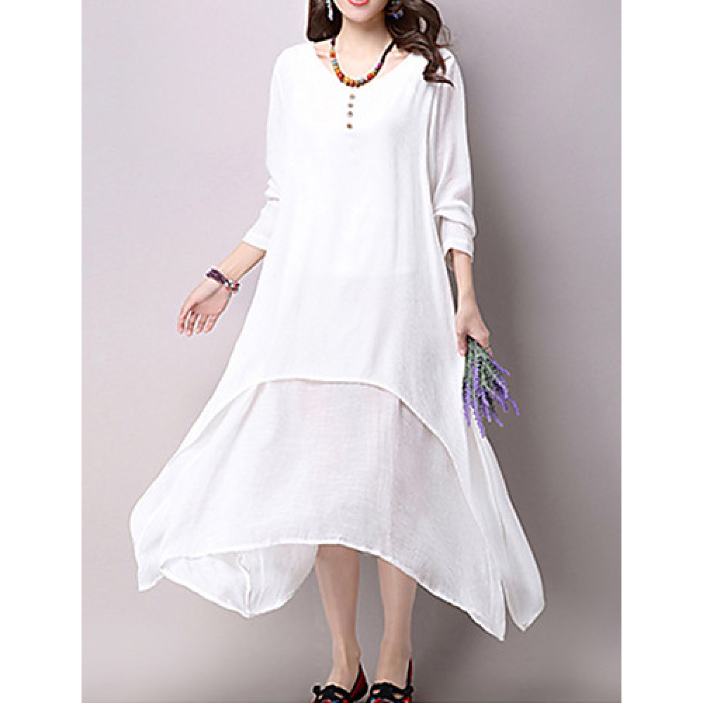 Women's Casual / Day Solid Loose / Swing Dress ,False Two Literature and ArtV Neck Maxi Cotton / Linen