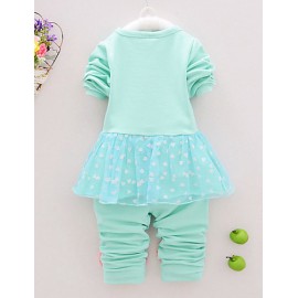 Girl's Cotton Spring/Autumn Casual Bowknot Cartoon Patchwork Long Sleeve T Shirt And Pants Two-piece Set  