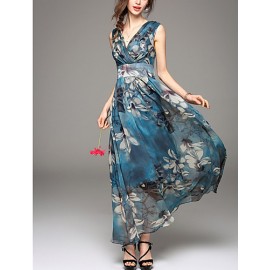 Going out Simple Sheath Dress,Print V Neck Maxi Sleeveless Blue / Red Polyester Summer Mid Rise