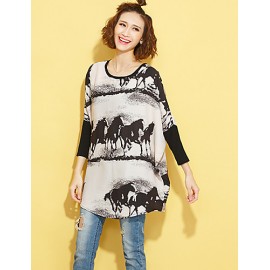 Women's Going out Street chic Fall T-shirt,Print Round Neck Long Sleeve Beige Polyester Medium