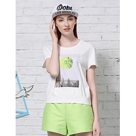 Women's Casual/Daily Simple Summer T-shirtPrint Round Neck Short Sleeve White / Green