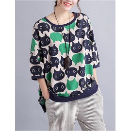 Women's Casual/Daily Cute / Street chic Spring / Fall T-shirt Print Round NeckSleeve Green Cotton / Linen Medium